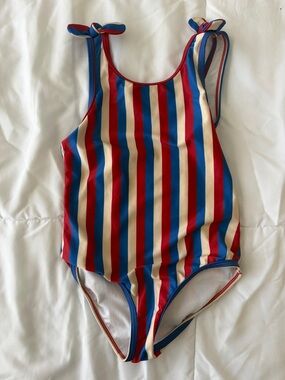 Cat & Jack Red Blue Cream Striped Girls One-Piece Swimsuit